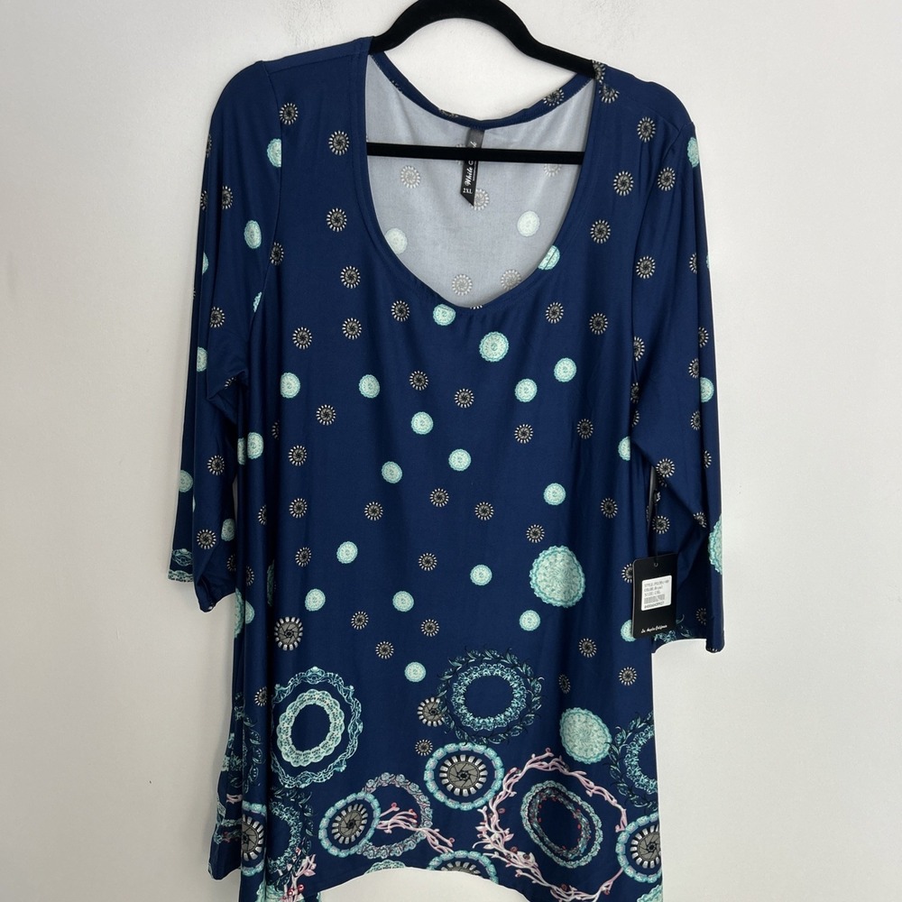 White Mark NWT Women's 2X  3/4 Sleeve Blue Pink Mini Dress‎ Side Pockets